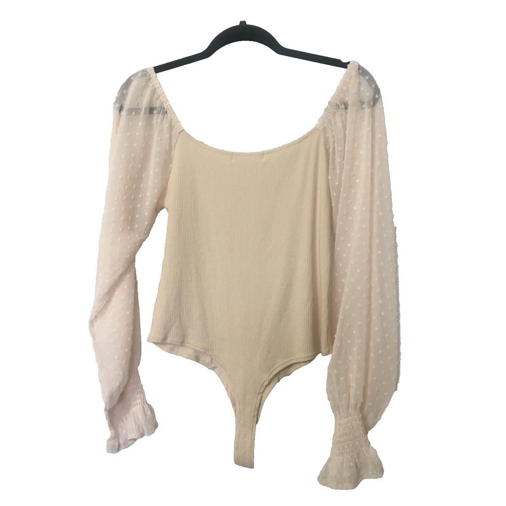 Bodysuit Women Large Scoop Neck Swiss Dot Puff Long Sleeve Ribbed Slim Fit Beige